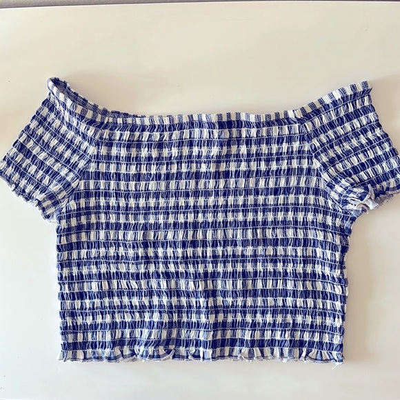 Arizona Jean Company Tops - Arizona Jeans Blue White Gingham Ruched Off the Shoulder Crop Top,Ladies Size XL